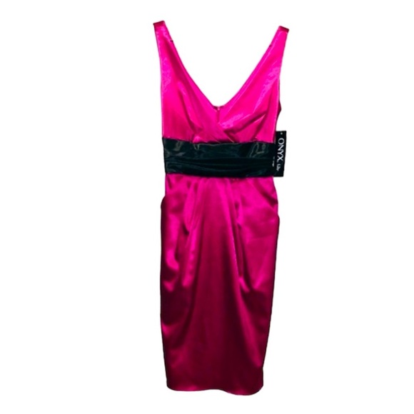 Onyx Nite Fuchsia Pink Black Bow Sexy Evening Semi Formal Satin Dress 6 S - Picture 2 of 8